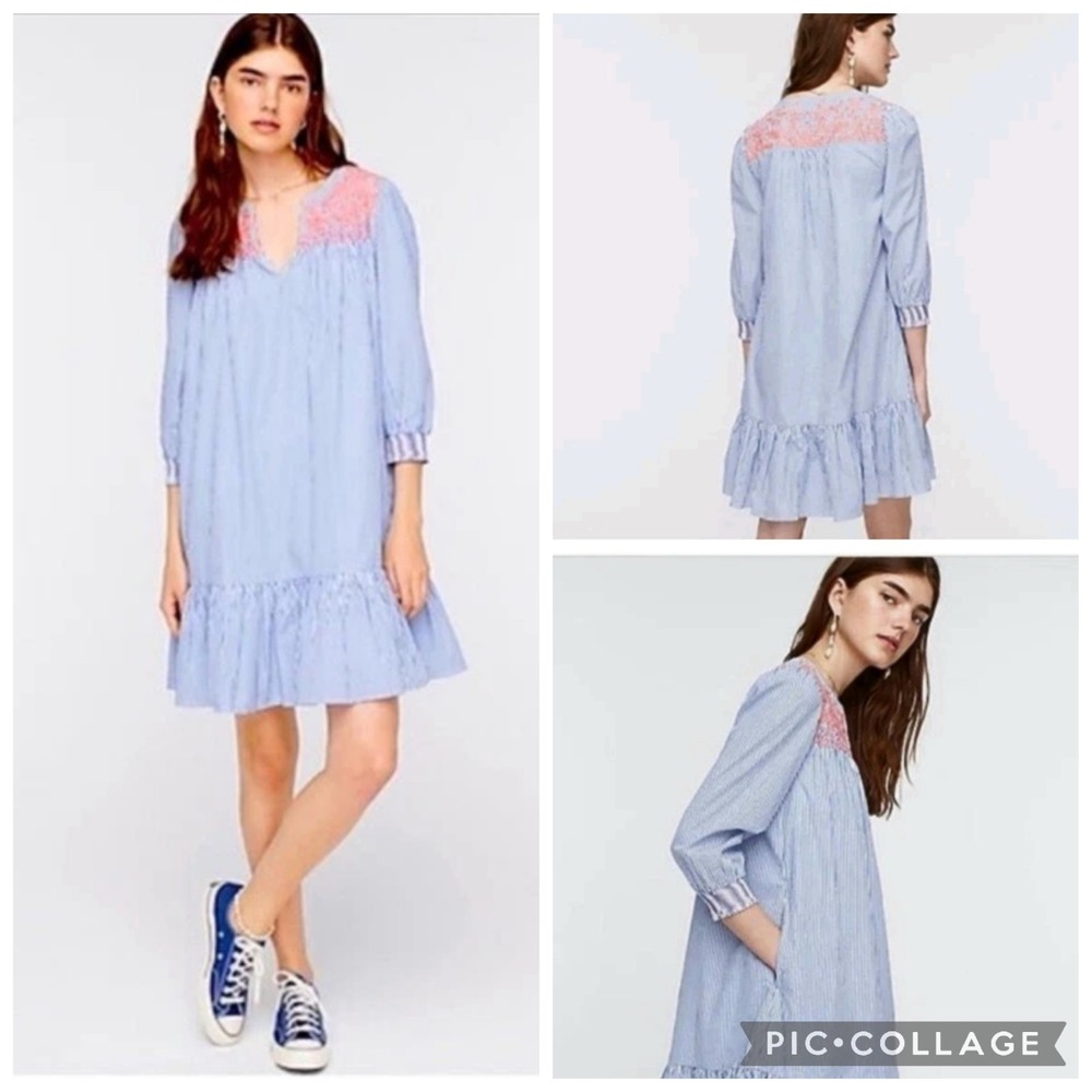 J Crew Embroidered Popover Blue White Striped‎ Tiered Above Knee Dress Sz Small - Picture 2 of 15